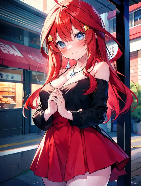 itsukinakano, itsuki nakano, bangs, blue eyes, hair between eyes, Ahoge, redhead, star (symbolhappy smile, smile, open your mouth,embarrassing,blush, hair ornaments, star hair ornaments,red off shoulder sweater,bare shoulders,bare clavicle,naked neck,Heart...