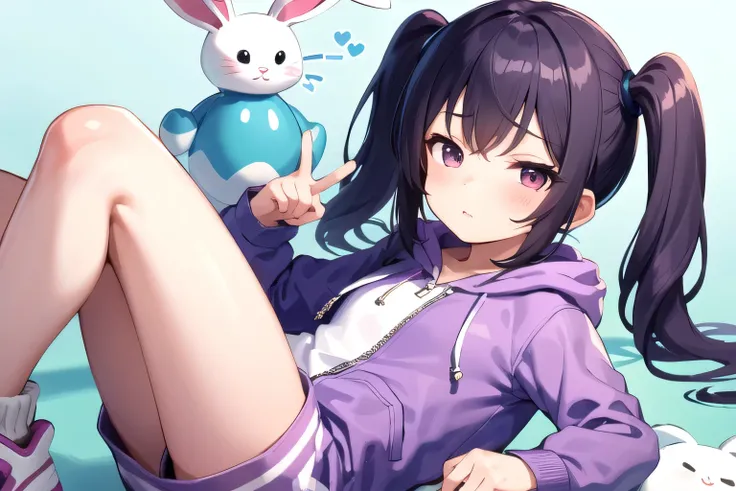 A girl with two pigtails, bangs, 9 years old, small eyes, small nose, small mouth, a little fat, straight hair, wearing a white hoodie with a little bunny on it, a purple coat, purple pants, and white cartoon sneakers