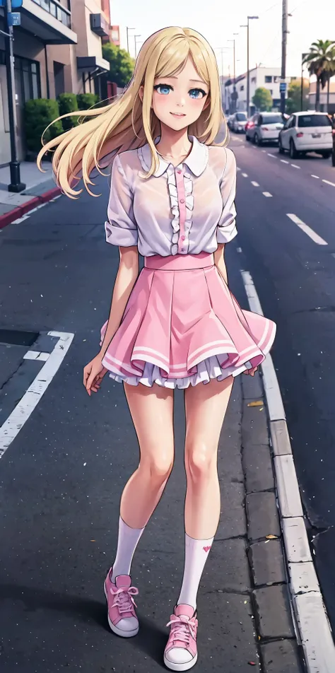 beautiful, (masterpiece:1.2), (best quality:1.2), Beautiful 10-year-old white girl with blue eyes, long swept-back straight blond hair, Happy), Pink and white frilly miniskirt, pink shirt, pink socks, white sneakers, California City background, daylight.