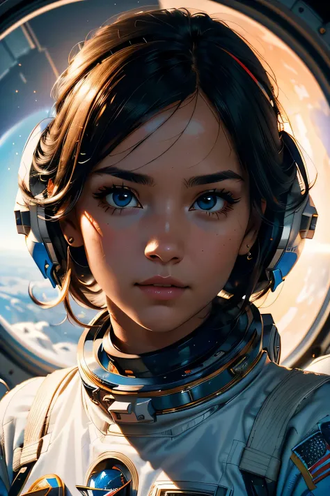 a beautiful girl on the space station, a planet is visible in the portholes, professional scene shooting, shooting with a 70 mm lens, depth of field, shooting side by side, bright saturated colors, extremely realistic images, shadows., high detail, graphic...