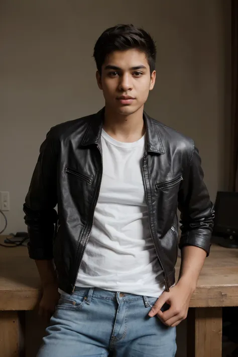 photograph of a 20-year-old brown boy with a white t-shirt and jeans and a leather jacket and goatee
