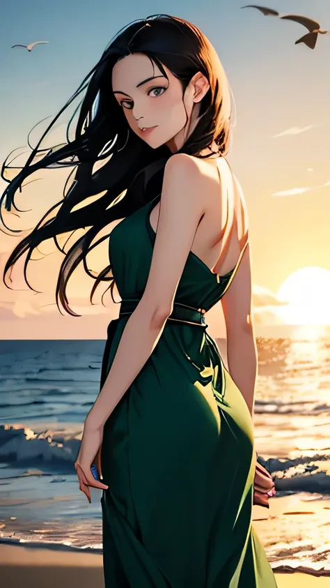 highest quality、realistic、Japanese、adult woman、beautiful、zoom、emerald green eyes、long hair、black hair、all back、Forehead is coming out、blown by the wind、Maxi dress、Ocean、sunset、Gazing at the sunset、profile、face close up、small breasts、slender、cowboy shot