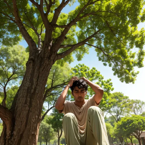 A indian man under tree frustrated  head down