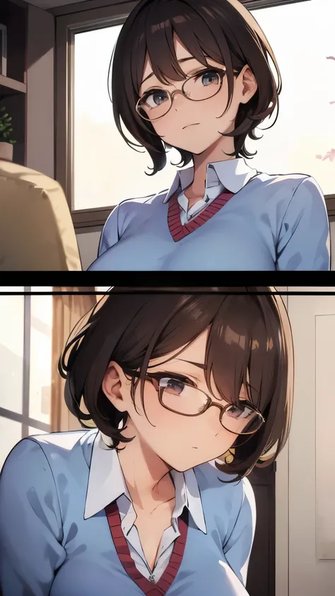 brown hair、tie hair back、short hair、mature woman、Large breasts and more、Indoors during the day、upper grade、Show me the bottom、wearing glasses、Glasses、cheeks are red