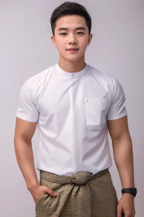 1boy, handsome muscular male, face, white background, amm mc outfit, acmm tp outfit, acmm cp outfit, wearing acmm top, very attractive, blurry_background, (high detailed skin:0.8), 8k uhd, dslr, soft lighting, HDR, warm light, high quality, film grain, Fuj...