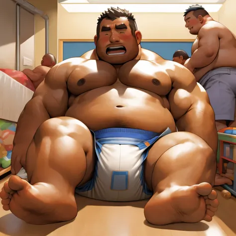 masterpiece, Top quality, in 32K, perfect anatomy, hyper detailed, super fine illustration, The thick man is a brutal prisoner, retarded, hairy human, 50yo in Japan, (fatness: 1.0), Fatty muscle, Bowleg, disappointment, incontinent, be diaper check by chil...