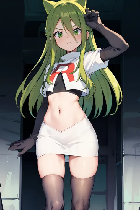 masterpiece, best quality, Izumi(digimon),hair over one eye, green eyes,green hair, long hair, 1girl, solo, team rocket,team rocket uniform, red letter R, white skirt,white crop top,black thigh-highs,black elbow gloves, cat hat