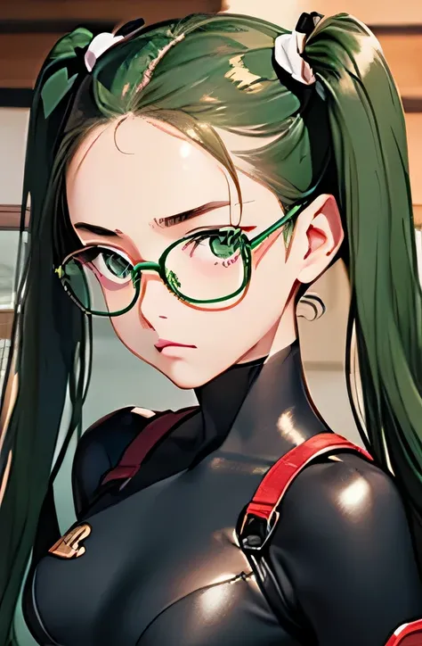 highest quality、realistic、Japanese、girl、zoom、look up、cute、green eyes、twin tails、glasses、chestnut hair、all back、The forehead is out、hero suit、action pose、Sweat、bust shot、slender、small breasts