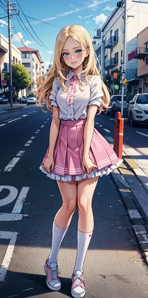 beautiful, (masterpiece:1.2), (best quality:1.2), Beautiful 10-year-old white girl with blue eyes, long swept-back straight blond hair, Happy), Pink and white frilly miniskirt, pink shirt, pink socks, white sneakers, California City background, daylight.