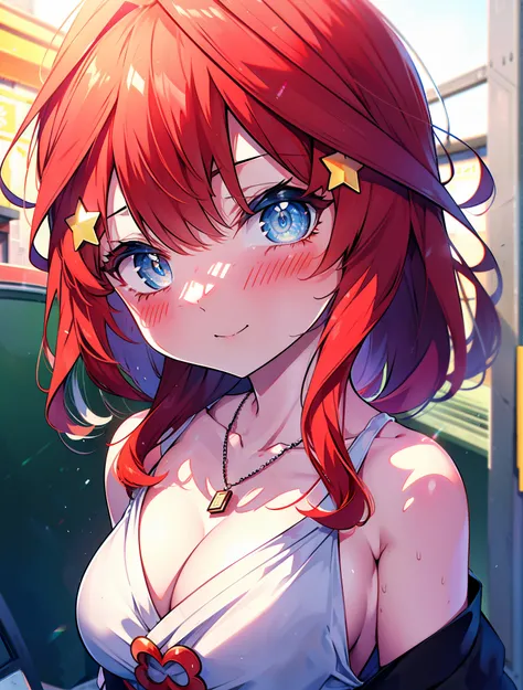 itsukinakano, itsuki nakano, bangs, blue eyes, hair between eyes, Ahoge, redhead, star (symbolhappy smile, smile, open your mouth,embarrassing,blush, hair ornaments, star hair ornaments,red off shoulder sweater,bare shoulders,bare clavicle,naked neck,Heart...