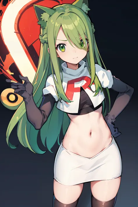 masterpiece, best quality, Izumi(digimon),hair over one eye, green eyes,green hair, long hair, 1girl, solo, team rocket,team rocket uniform, red letter R, white skirt,white crop top,black thigh-highs,black elbow gloves, cat hat