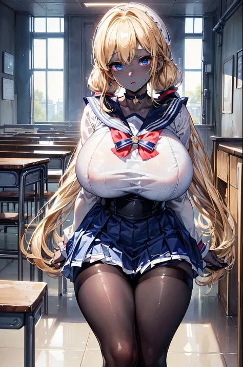 (masterpiece:1.2、highest quality、T Masterpiece)、1 female、alone、classroom、Day、stand、blonde、(low twintails:1.2)、blue eyes、(sailor suit:1.4)、(black skin:1.4)、big breasts、pantyhose、corset、earrings、lipstick、mini skirt、very sweaty、Scrunchie、choker、blush、covered ...