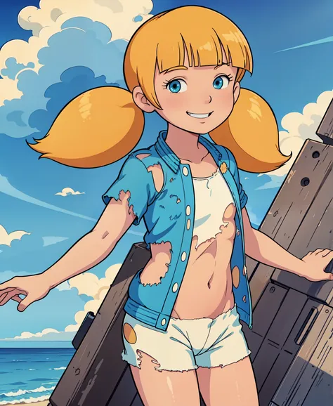 solo, 1girl, penny, blonde hair, twintails, blunt bangs, solo, beach, ocean, sky, sunny, (torn clothes:1.5), smile, masterpiece,...