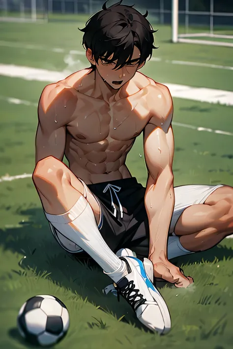 shirtless, super muscular, sweat-drenched body, 22-year old short black hair handsome caucasian male wearing sweat-drenched white soccer shorts and shoes, panting, resting on the ground of the soccer field soccer 