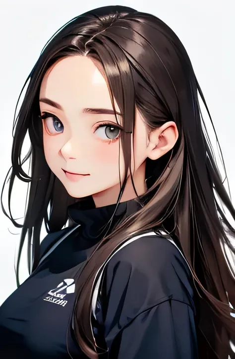 highest quality、realistic、Japanese、girl、zoom、cute、gray eyes、long hair、half up、chestnut hair、all back、The forehead is protruding、playground、Gym suit、double piece、look down、big smile、Sweat、bust shot、thin、small breasts