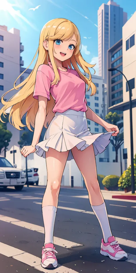 beautiful, (masterpiece:1.2), (best quality:1.2), Beautiful 10-year-old white girl with blue eyes, long swept-back straight blond hair, Happy), Pink and white frilly miniskirt, pink shirt, pink socks, white sneakers, California City background, daylight.