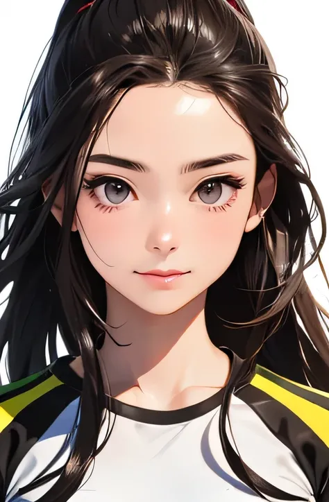 highest quality、realistic、Japanese、girl、zoom、cute、gray eyes、long hair、half up、chestnut hair、all back、The forehead is protruding、playground、Gym suit、double piece、look down、big smile、Sweat、bust shot、thin、small breasts