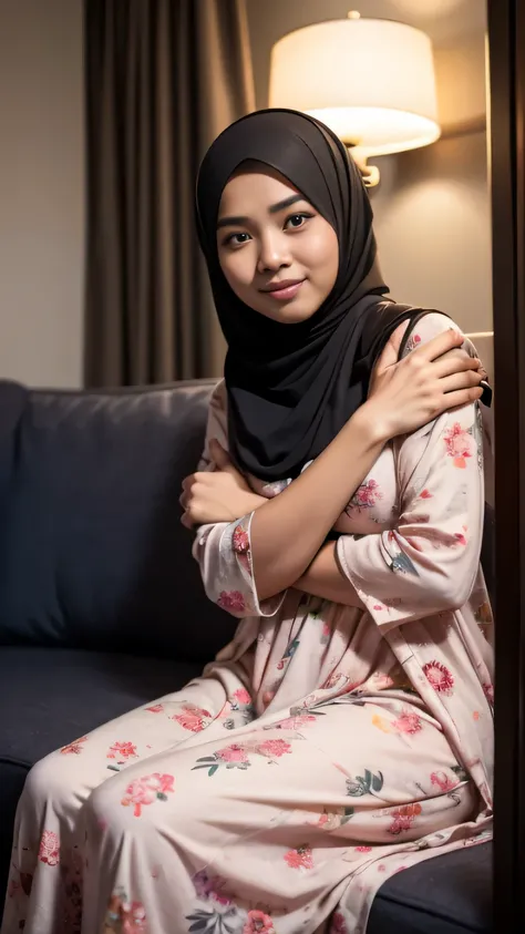 1 matured malay men 30 years old hugging 2 young malay girl in hijab wearing unbuttoned floral baju kurung , 20 - 23 years old, malay men hand on girl shoulder, nighttime, beautiful girl with beautiful perfect body, location: couch in hotel, professional p...