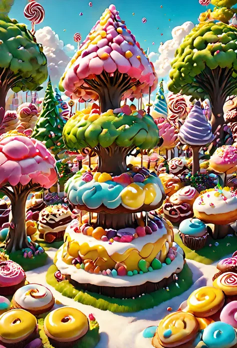 general shot: 1.5, ((city of sweet buildings of cake and sweets: 1.7)), (( candies, tree-shaped lollipops, donut-shaped sun: 1.6...