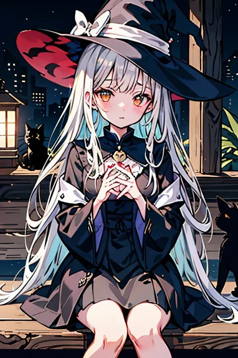 witch、girl、Sitting with a cute black cat、In a warm and cozy atmosphere、
The background is the witch's house。