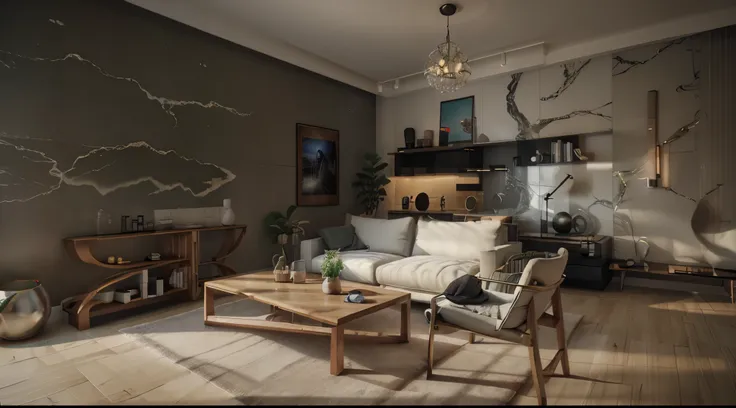 there is a white sofa and a table in a room, renderizado em irreal engine 6, renderizado em motor irreal de 8k, detailed archviz...