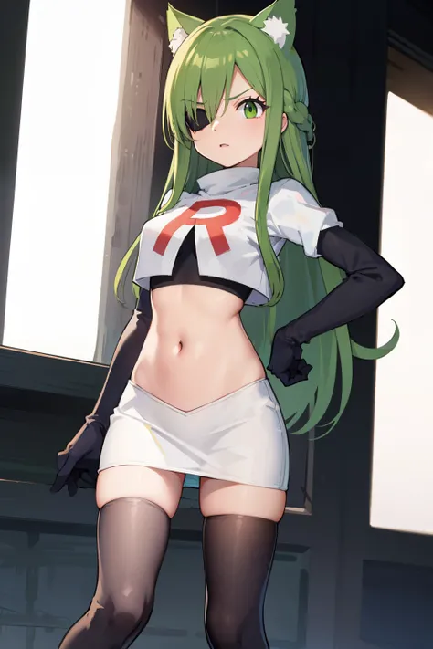 masterpiece, best quality, Izumi(digimon),hair over one eye, green eyes,green hair, long hair, 1girl, solo, team rocket,team rocket uniform, red letter R, white skirt,white crop top,black thigh-highs,black elbow gloves, cat hat
