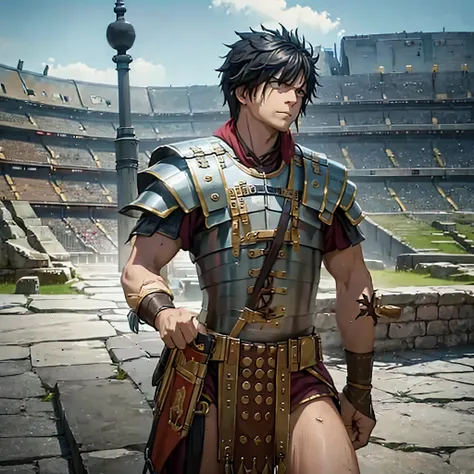 a man wearing segmented armor, outside a roman coliseum,hdr, ultra resolution, well defined, masterpiece, 8k hd.