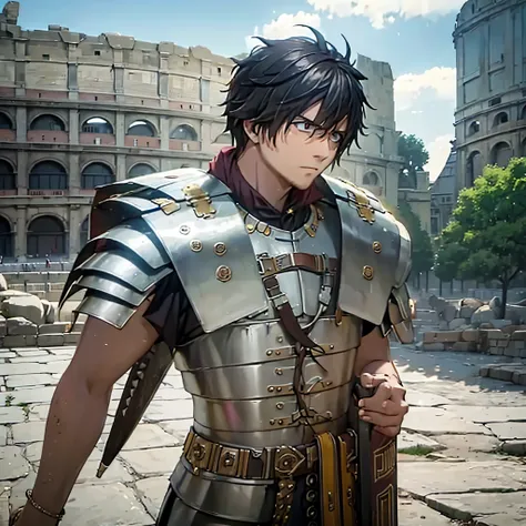 a man wearing segmented armor, outside a roman coliseum,hdr, ultra resolution, well defined, masterpiece, 8k hd.