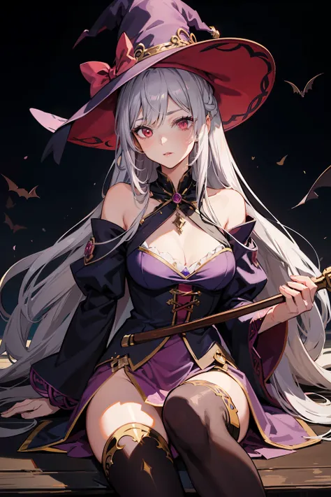 Anime style character, witch woman RPG legendary heroine, masterpiece, super detail, digital quality at best, silver hair flowing freely, long hair reaches the ground, witch hat with a pink ribbon adorns her head, red eyes gleam with magic, dressed in a pi...