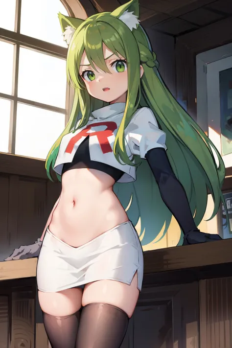 masterpiece, best quality, Izumi(digimon),hair over one eye, green eyes,green hair, long hair, 1girl, solo, team rocket,team rocket uniform, red letter R, white skirt,white crop top,black thigh-highs,black elbow gloves, cat hat