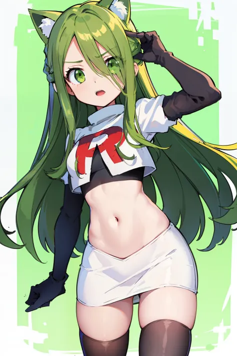 masterpiece, best quality, Izumi(digimon),hair over one eye, green eyes,green hair, long hair, 1girl, solo, team rocket,team rocket uniform, red letter R, white skirt,white crop top,black thigh-highs,black elbow gloves, cat hat