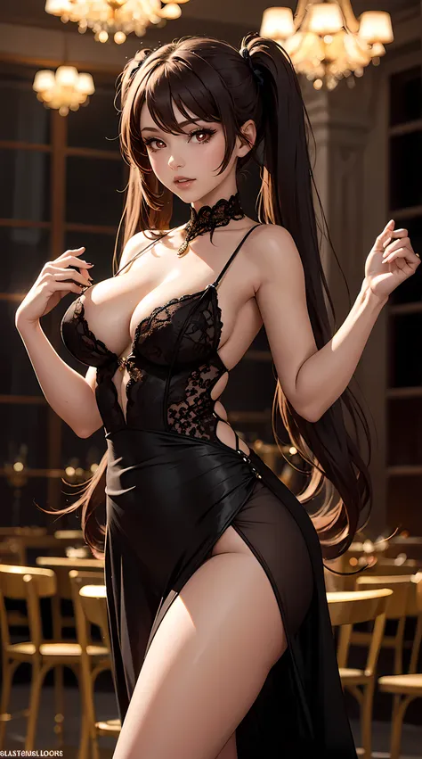 Beautiful brown hair girl is shown to have a tiny figure, wearing a beautiful sexy dress, happy look, red eyes, twin tails, girl standing in a gala ballroom, sexy session, putting her hands on her waist, poseing, exposed cleavage, cowboy shot, superior qua...