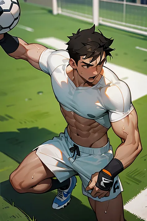 shirtless, super muscular, sweat-drenched body, 22-year old short black hair handsome caucasian male goalkeeper wearing sweat-drenched white soccer shorts and shoes, playing soccer on the field