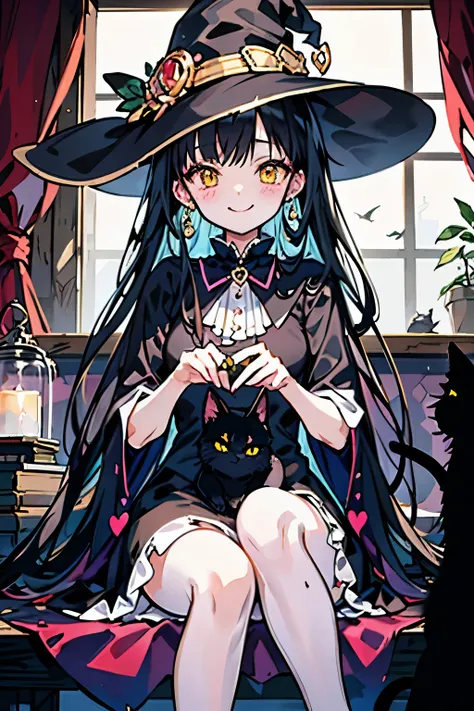 witch、girl、Sitting with a cute black cat with yellow eyes（With a smile）、

In a warm and cozy atmosphere、