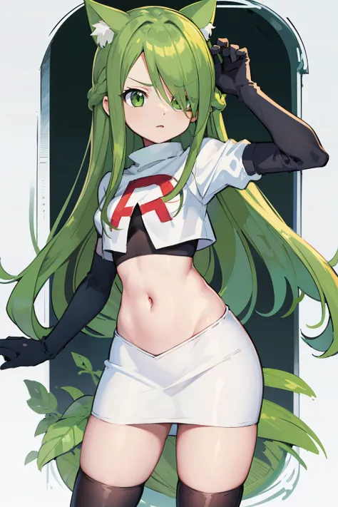 masterpiece, best quality, Izumi(digimon),hair over one eye, green eyes,green hair, long hair, 1girl, solo, team rocket,team rocket uniform, red letter R, white skirt,white crop top,black thigh-highs,black elbow gloves, cat hat