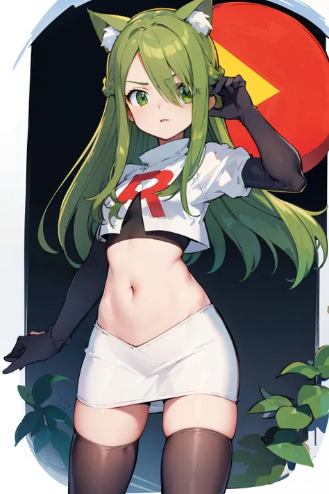 masterpiece, best quality, Izumi(digimon),hair over one eye, green eyes,green hair, long hair, 1girl, solo, team rocket,team rocket uniform, red letter R, white skirt,white crop top,black thigh-highs,black elbow gloves, cat hat