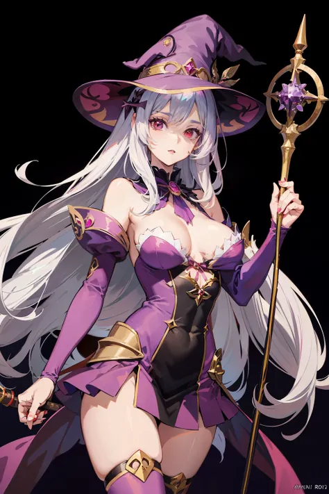 Anime style, character, cartoon, a half-naked witch woman, RPG character, legendary heroine, masterpiece, super detail, maximum digital quality, silver hair, long hair, witch hat with pink ribbon, red eyes, pink and purple dress with yellow details, lipsti...