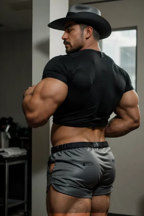 hulk photography, light cinematic heavyweight bodybuilder, 75 kg of complete muscle,  Bigote grueso y trozo chino barbudo, hombres muy guapo. perfect body proportion,, hypermuscular nalgon, realista,  cowboy with hat, black shirt, silver shorts, backside 