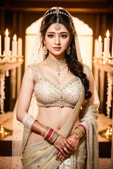 (Masterpiece,topquality)8k,32k,ultrarealistic           A mesmerizing blend of tradition and elegance, the beautiful bride is a sight to behold in her graceful saree and exquisite jewellery!(perfect eyes, lips, face,) lips are detailed, eyes on position, (...