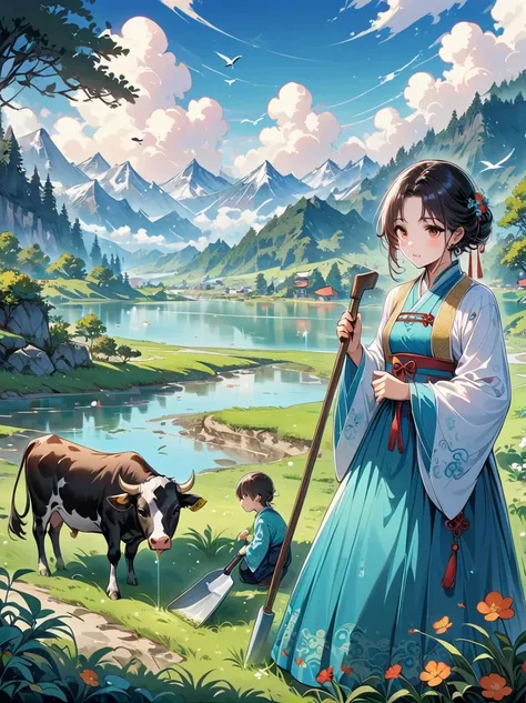 super detailed，Chinese ink style，Chinese Dream Landscape，Rain during the Qingming Festival，A cute little Chinese boy，Dressed in light-colored Hanfu，Planting vegetables with a hoe，A black cow eating grass，From Bubble Mart。She is in the field，The river in th...