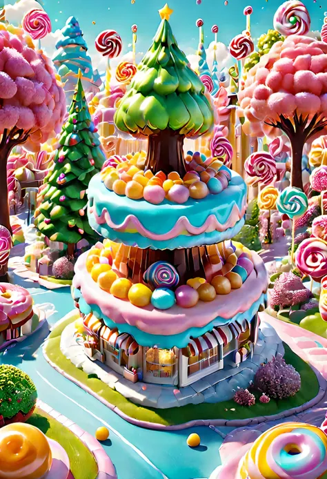 general shot: 1.5, ((city of sweet cake and candy buildings: 1.7)), (( candies, tree-shaped lollipops, donut-shaped sun, beautif...