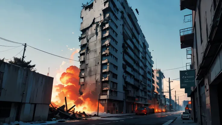 fondo para una novela visual de unos edificios destrozados,  estilo anime. estilo one puchman.