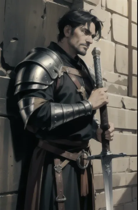 Black hair, middle-aged man, short hair, scarred face, leaning by the wall, medieval fantasy style, scale armor, wounded，masterpiece, 
