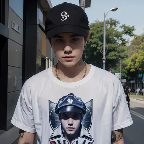 Personagem Justin Bieber, in a cap, com blusa