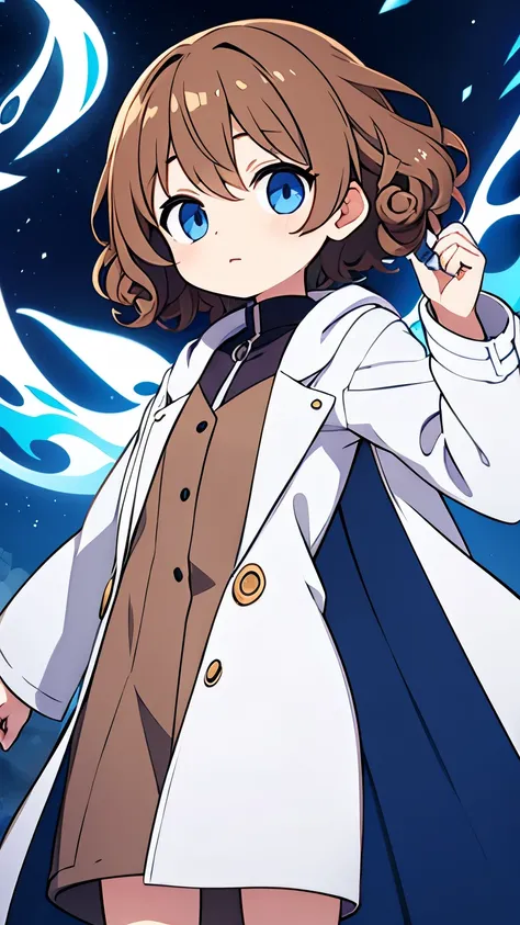 Alchemist,Age unknown,Unknown gender,Light brown, curly, short hair,dark blue eyes,lightly dressed,White coat-like jacket,floating in the air