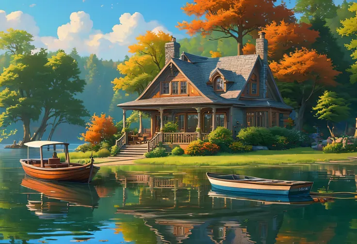 a painting of a house with a boat and a deer in the water, lake house, detailed painting 4 k, detailed scenery —width 672, scenery art detailed, beautiful art uhd 4 k, hd wallpaper, amazing background, very high detailed, beautiful detailed scene, 4 k hd w...