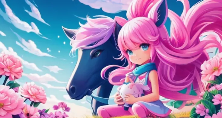 painting of a girl with pink hair and a pony, beeple and jeremiah ketner, by Jeremiah Ketner, loish |, beautiful pink little alien girl, loish and ross tran, inspired by Jeremiah Ketner, by loish, loish and wlop, james jean and wlop, wlop loish and clamp s...