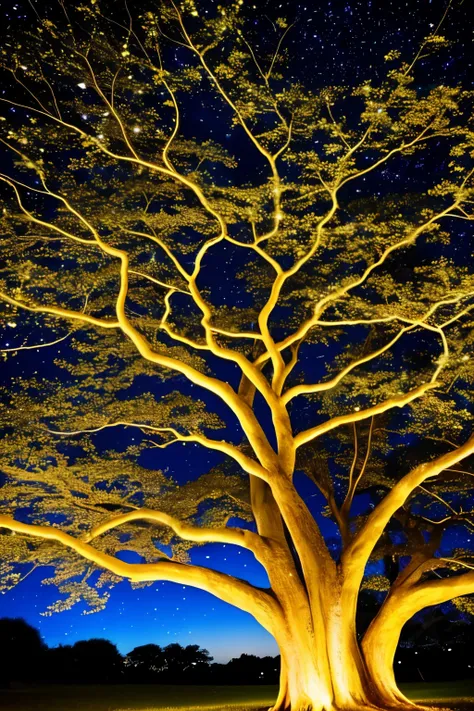 a close up of a tree with a lot of stars on it, starry-night!!!!!!!!!!!!!!!!!!!!, twinkling stars, beautiful blue lights, magical tree, magical lights, stars glistening in the night, lush tress made of city lights, with glowing blue lights, starlit sky, be...