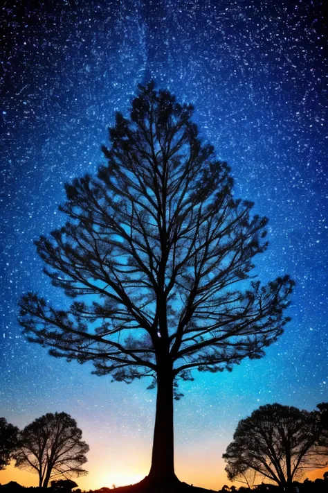 a close up of a tree with a lot of stars on it, starry-night!!!!!!!!!!!!!!!!!!!!, twinkling stars, beautiful blue lights, magical tree, magical lights, stars glistening in the night, lush tress made of city lights, with glowing blue lights, starlit sky, be...