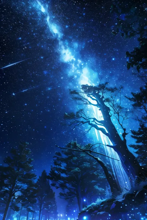 a close up of a tree with a lot of stars on it, a digital rendering by Mia Brownell, pexels, magical realism, starry-night!!!!!!!!!!!!!!!!!!!!, twinkling stars, beautiful blue lights, magical tree, magical lights, stars glistening in the night, lush tress ...